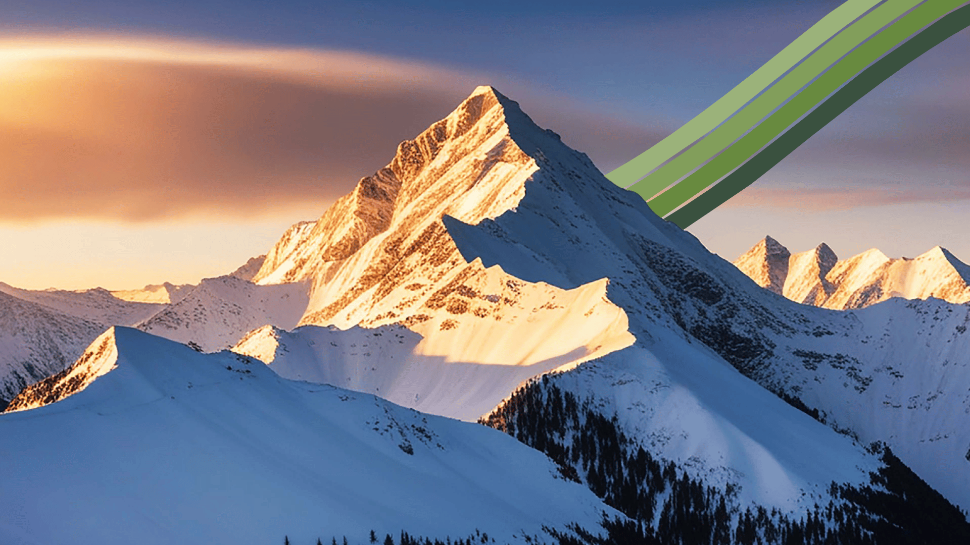 Snowcapped mountain at sunrise with green lines disappearing behind it