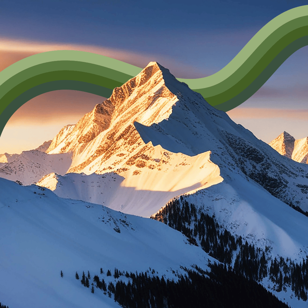 Mountain on plum background with wavy green lines flowing behind the mountain peek.