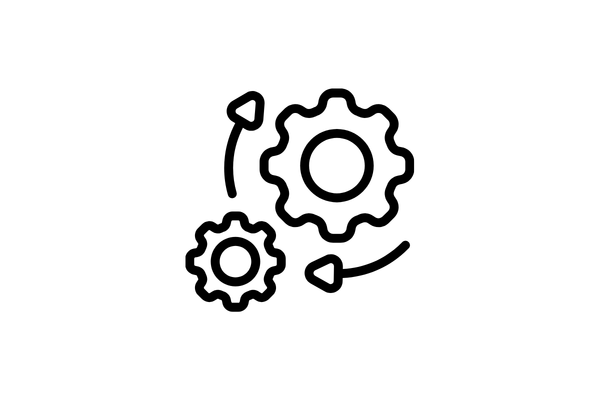 Dark gray line graphic of cogs rotating with arrows