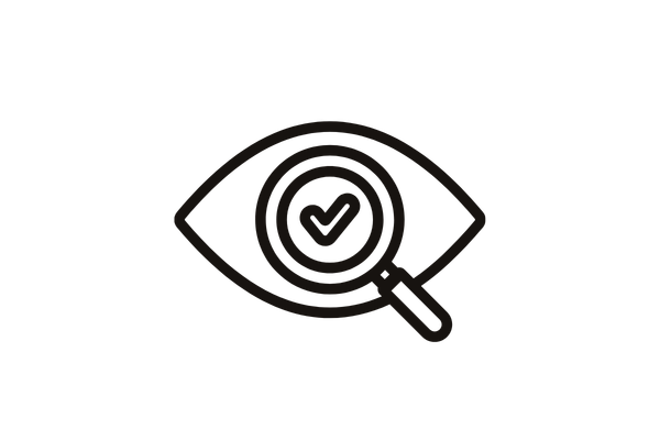 Dark gray line graphic of eye and magnifying glass with checkmark