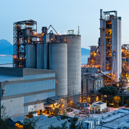 Gray silos and storage buildings