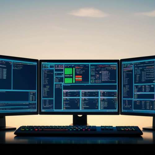 Three computer monitors displaying reports and code with a clear sky background